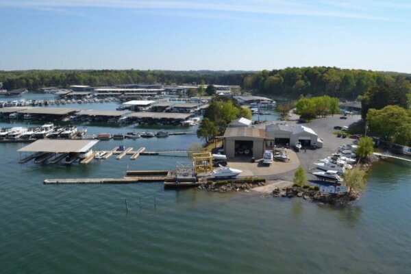 Aerial view of slips and storage at Lazy Days Marina